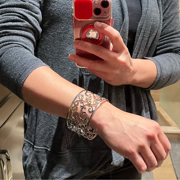 Silver Metal Cuff Bangle Bracelet with Pattern - Picture 6 of 6